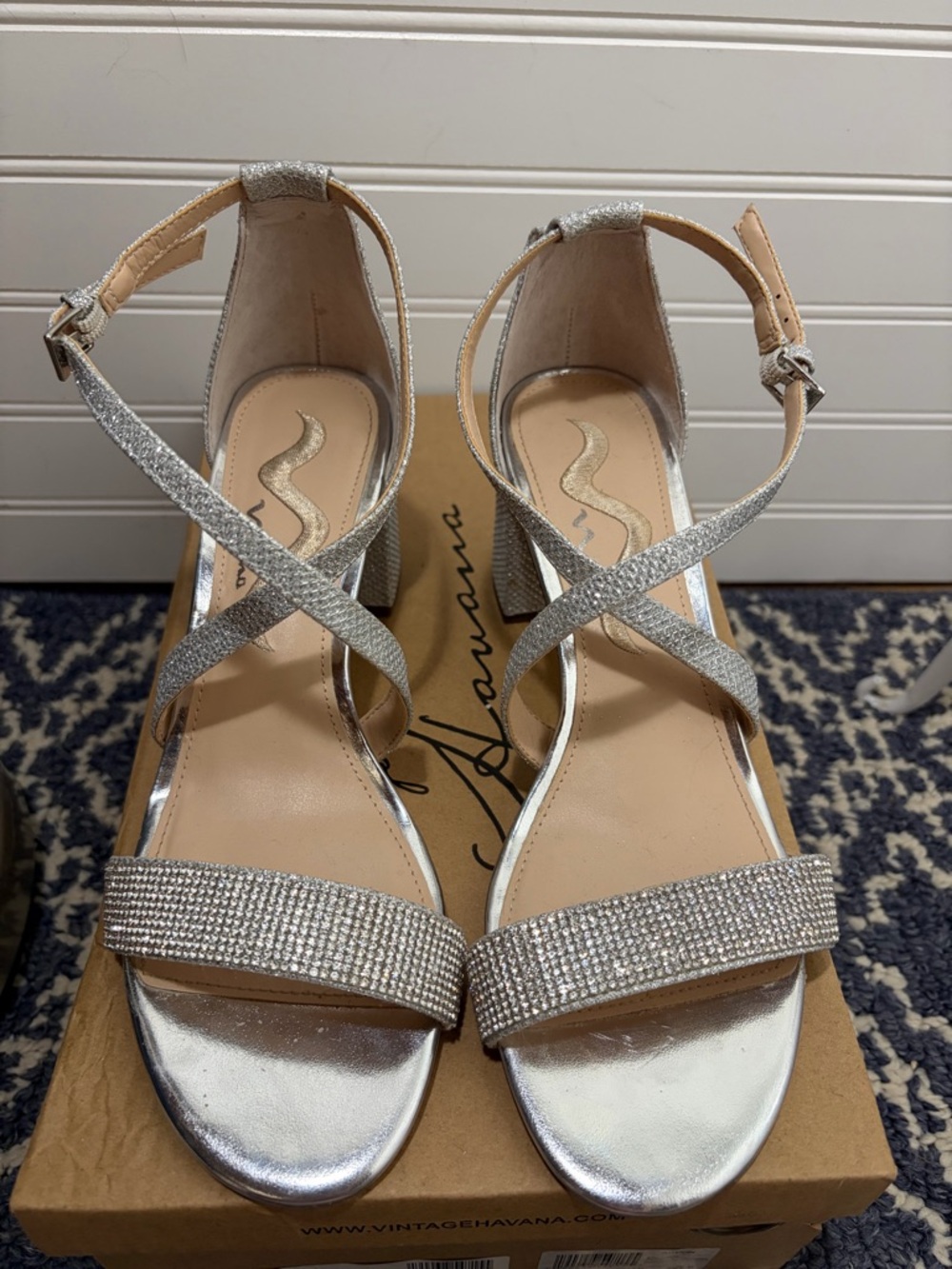 Nina Silver Crystal-Strap Block Heel Sandals